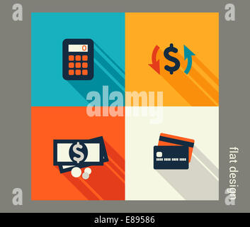 Business icon set. Il sistema bancario e finanziario, l'e-commerce. Design piatto Foto Stock