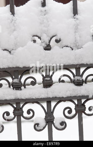 Cancello di ferro coperto di neve. Foto Stock