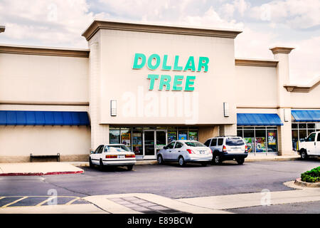 L'esterno della struttura ad albero del dollaro, una catena di sconto negozio vendita general merchandise per un dollaro, nella città di Oklahoma, Oklahoma, Stati Uniti d'America. Foto Stock