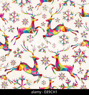 Natale vintage stile retrò seamless pattern. I triangoli colorati con texture grunge renne e fiocchi di neve composizione. EPS1 Foto Stock