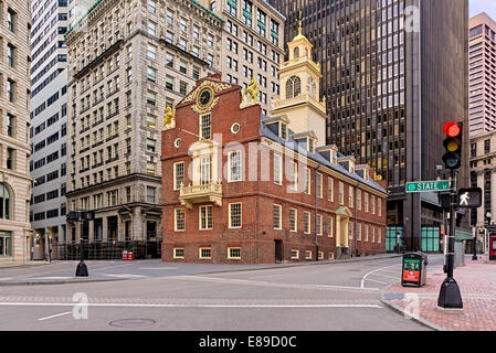 La Old State House edificio storico in Boston, all'intersezione di Washington e strade statali. Foto Stock