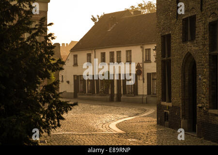 La mattina presto su una strada posteriore a Bruges, Belgio Foto Stock