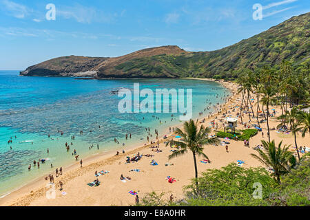 Spiaggia, Hanauma Bay, Oahu, Hawaii, Stati Uniti Foto Stock