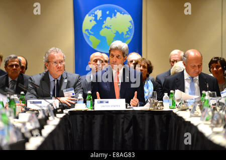 Stati Uniti Il segretario di Stato John Kerry partecipa nel Foro delle Maggiori Economie su Energia e cambiamenti climatici Riunione ministeriale a New York City il 21 settembre 2014. Il segretario è che partecipano a eventi in congiunzione con la sessantanovesima sessione del Regno compit Foto Stock