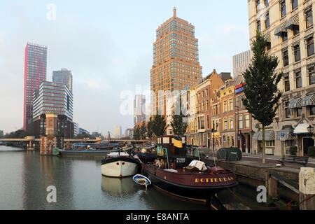 Barca e grattacieli al Wijnhaven a Rotterdam, Paesi Bassi. Foto Stock