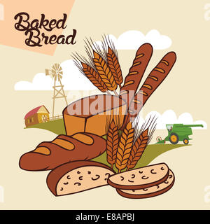 Pane cotto dalla fattoria alla tavola, pubblicità illustrazione con etichetta Foto Stock