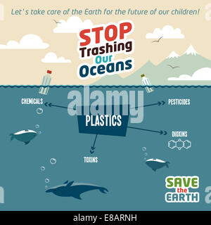 Arrestare distruggendo i nostri oceani. Inquinamento dell'oceano residui di plastica. Salvare la terra eco illustrazione Foto Stock