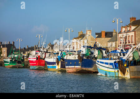 Pesca colorata pescherecci da traino / draggers ormeggiata nel porto di Barfleur, Bassa Normandia, Francia Foto Stock