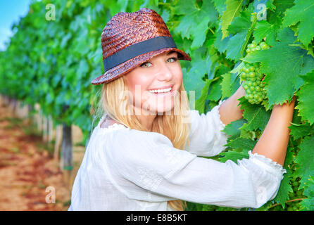 Felice ragazza sul campo di uva, donna giardiniere seduto per terra e la raccolta uva, organico cibo sano, godendo grande raccolto Foto Stock