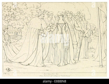 Questa illustrazione del 1828-33 tratta dall'edizione di Howard di Shakespeare *Love's Labour's Lost* fornisce una rappresentazione visiva dei temi e dell'ambientazione dell'opera, contribuendo alla documentazione storica delle opere di Shakespeare nel XIX secolo. Foto Stock