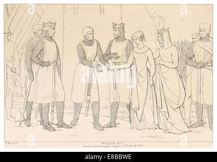 Questa illustrazione del 1828-1833 di Howard accompagna il dramma shakespeariano "la vita e la morte di re Giovanni", che mostra un momento chiave del dramma. Lo schizzo aggiunge una dimensione visiva al gioco classico, migliorando la narrazione del testo. Foto Stock
