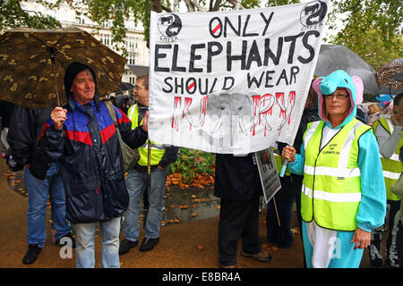 Londra, Regno Unito. Il 4 ottobre 2014. Dimostranti con cartelli e striscioni al Global March per elefanti e rinoceronti, Londra, Inghilterra. La pioggia non ha smorzare gli spiriti dei dimostranti la sensibilizzazione nei confronti della situazione di elefanti e rinoceronti che tra le altre cose vengono uccisi dai cacciatori di frodo per l'avorio e negozio di souvenir. Credito: Paul Brown/Alamy Live News Foto Stock