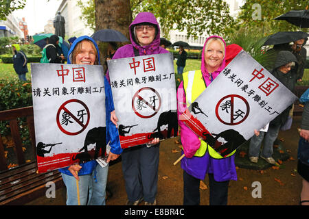 Londra, Regno Unito. Il 4 ottobre 2014. Dimostranti con cartelli e striscioni al Global March per elefanti e rinoceronti, Londra, Inghilterra. La pioggia non ha smorzare gli spiriti dei dimostranti la sensibilizzazione nei confronti della situazione di elefanti e rinoceronti che tra le altre cose vengono uccisi dai cacciatori di frodo per l'avorio e negozio di souvenir. Credito: Paul Brown/Alamy Live News Foto Stock