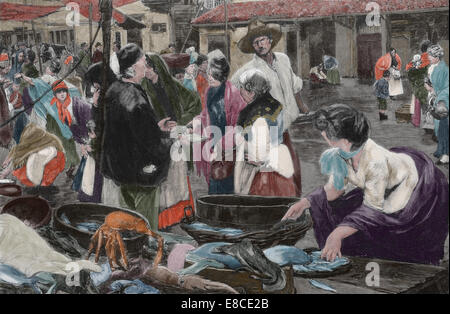 Mercato del pesce. Incisione di Tacalli. La illustrazione artistica, 1887. Pittura Originale da Hector Tito. Colorazione successiva. Foto Stock