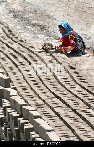 Femmina brickyard lavoratore sotto forma di mattoni di argilla su un campo della Patoki forno di mattoni nei pressi di Lahore, Pakistan Foto Stock