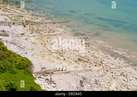 Vista la piattaforma chalk esposti a bassa marea presi dalla scogliera vicino al Pinnacle a Eastbourne, East Sussex Foto Stock