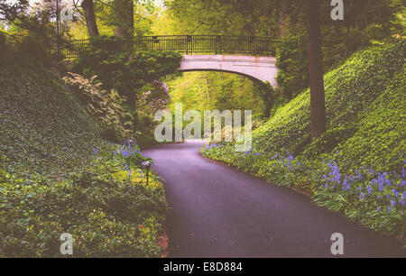 Percorso del bosco sotto un ponte a Longwood Gardens, Pennsylvania. Foto Stock