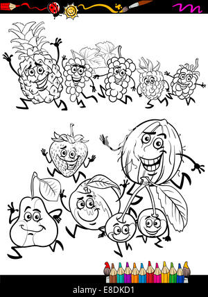 Libro da colorare o pagina Cartoon illustrazione del Bianco e del Nero divertente Esecuzione di frutti insieme per i bambini Foto Stock