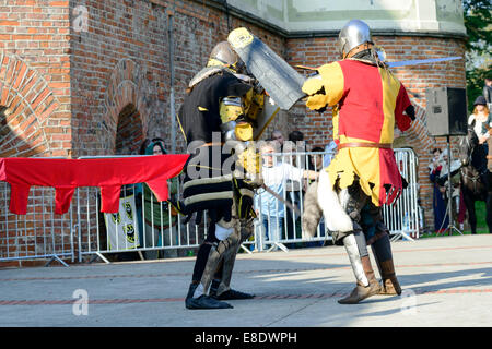 Gli appassionati dei vecchi cavalieri mostrano i loro costumi e le competenze in un duello presso il Centro Culturale "castello" - Lesnica a Wroclaw in Polonia Foto Stock