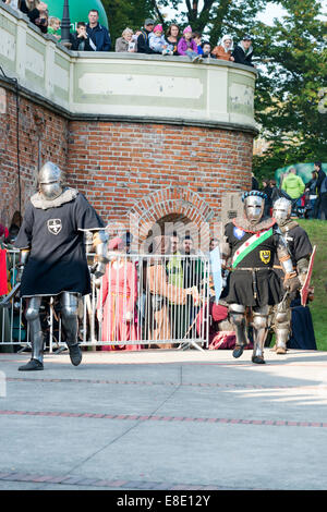 Gli appassionati dei vecchi cavalieri mostrano i loro costumi e le competenze in un duello presso il Centro Culturale "castello" - Lesnica a Wroclaw in Polonia Foto Stock