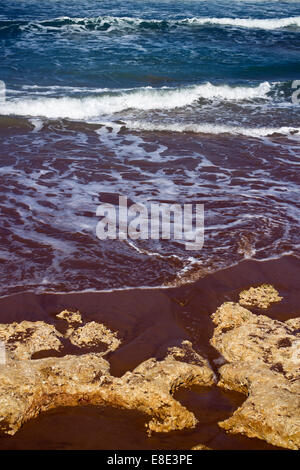 Sciabordare di onde su una spiaggia rocciosa Foto Stock