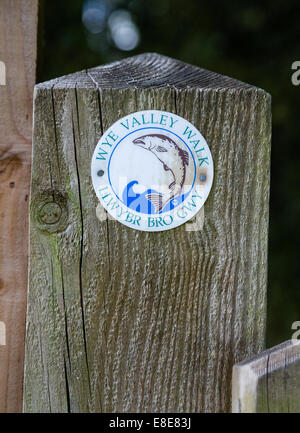 Stile post sulla valle del Wye a piedi in Monmouthshire Galles del Sud con waymarker segno indicante un saltando il salmone Foto Stock