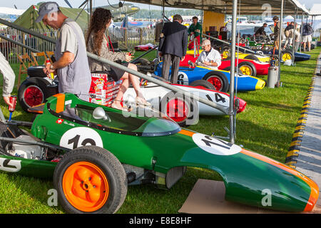 Una linea di vintage classic Lotus Cars Racing nell area dei box al Goodwood 2014, West Sussex, Regno Unito Foto Stock