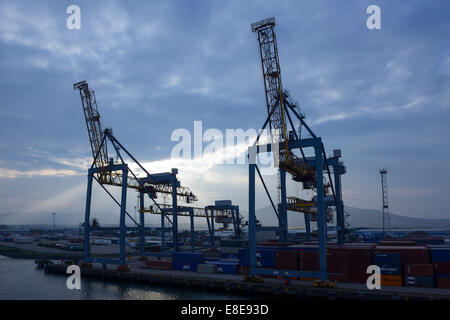 Gantry cranes e contenitori da spedizione al dock di Belfast Regno Unito Foto Stock