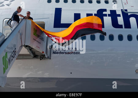 Schoenefeld, Germania, il battesimo della Lufthansa Boeing 747-8 presso la ILA 2014 Foto Stock