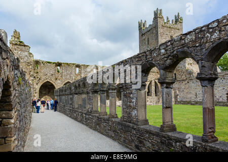 Gruppo di Tour touring i Chiostri in Abbazia di Jerpoint, Thomastown, nella Contea di Kilkenny, Repubblica di Irlanda Foto Stock