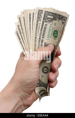 Man mano che tiene un fascio di noi uno le fatture del dollaro Foto Stock