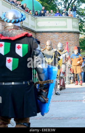 Gli appassionati dei vecchi cavalieri mostrano i loro costumi e le competenze in un duello presso il Centro Culturale "castello" - Lesnica a Wroclaw in Polonia Foto Stock