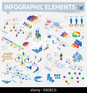 Infographics con icone dati, mappa Mondo grafici isometrici ed elementi di design. Foto Stock