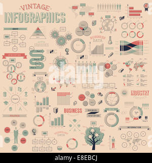 Vintage infographics con icone dati, mappa Mondo grafici ed elementi di design. Foto Stock