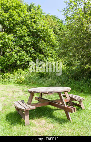 Legno rotondo tavolo da picnic con posti a sedere in un campo, Nottinghamshire, England, Regno Unito Foto Stock