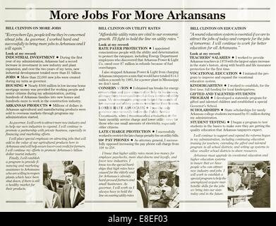 Bill Clinton 1982 campagna di rielezione a singola pagina foglio illustrativo per il Governatore dell'Arkansas Foto Stock