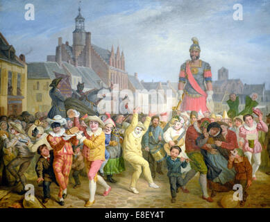 Carnevale annuale o una processione con la leggendaria Giant a Cassel, nel dipartimento del Nord, Francia. Pittura di olio da Alexis Bafcop 1876 Foto Stock