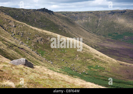 Il bordo settentrionale di Kinder Scout nel Peak District. Bordi Gritstone pendenza verso il basso per heather clad moorlands. Foto Stock