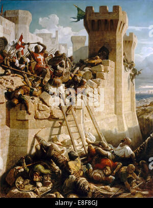 Guillaume de Clermont difendere le pareti all'Assedio di Acri, 1291. Artista: Papety, Dominique (1815-1849) Foto Stock