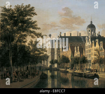 Il Nieuwezijds Voorburgwal con il mercato dei fiori di Amsterdam. Artista: Berckheyde, Gerrit Adriaensz (1638-1698) Foto Stock