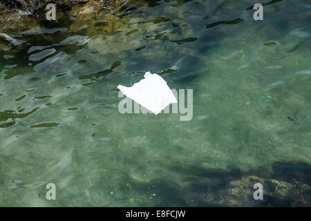 Un semplice bianco senza marca supermercato shopping bag realizzato a partire da un materiale plastico, galleggianti in mare a Mevagissey, Cornwall. Regno Unito. (71) Foto Stock