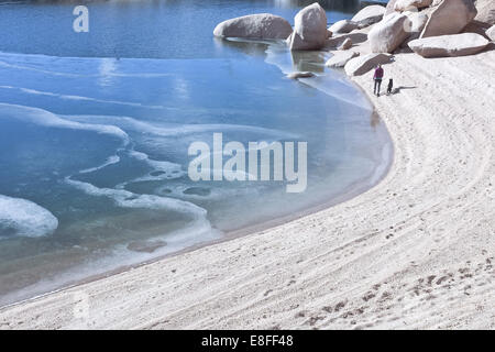 Donna con cane che cammina lungo la spiaggia e lago congelato, Colorado, Stati Uniti Foto Stock