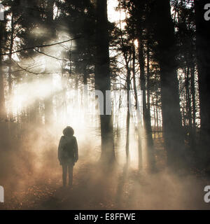 Silhouette di donna nei boschi Foto Stock