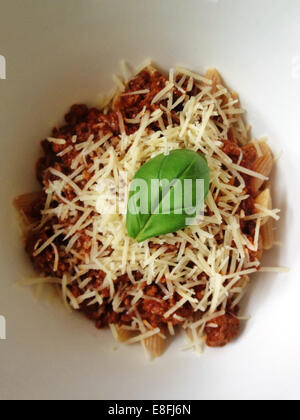 Penne pasta con bolognese con formaggio e basilico Foto Stock