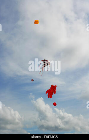 Aquiloni che volano in cielo al festival degli aquiloni, Fanoe, Danimarca Foto Stock