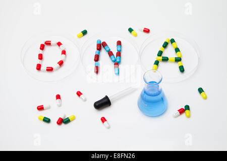 Word DNA scritto in pillole in tre capsule di Petri con una beuta conica e pipetta Foto Stock