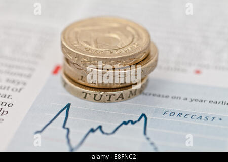 Pila di libbra di monete sulle previsioni finanziarie Foto Stock