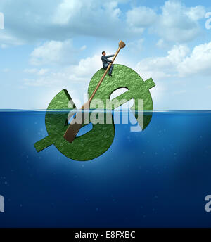 Nuovi mercati concetto come una destinazione finanziaria e viaggio concetto aziendale come imprenditore fluttuanti nell'Oceano su un gigante il segno del dollaro a remi in barca con una pagaia oggetto a una destinazione di successo come un simbolo di wealth management. Foto Stock