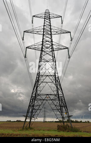 Wind Farm e National Grid linee di trasmissione di energia elettrica e tralicci. Romney Marsh nei pressi di segale, Sussex. Foto Stock