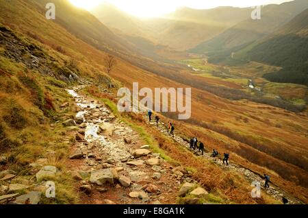 Guardando verso il basso su un escursionismo partito dalla Royal Navy trekking fino Ben Nevis nelle prime ore del mattino Foto Stock